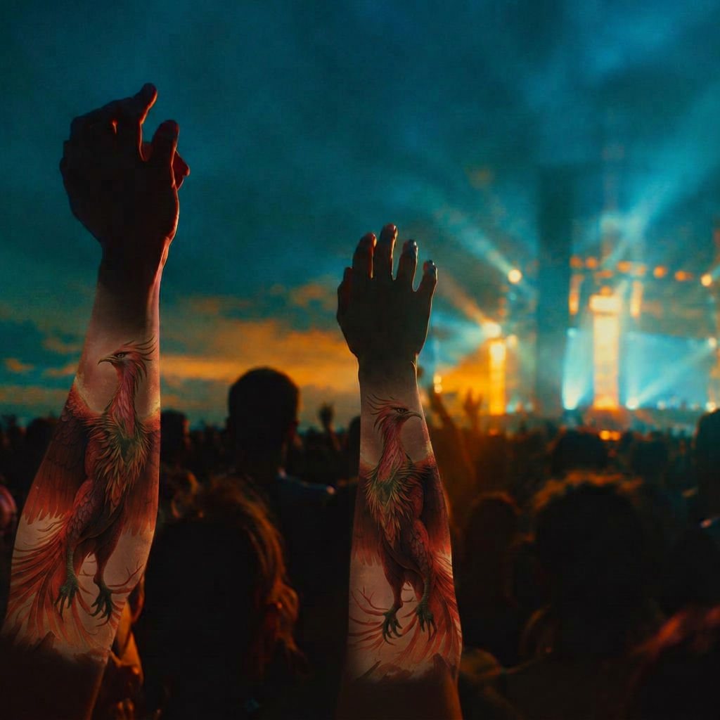 Guests wearing the Custom Phoenix on their forearms at a festival