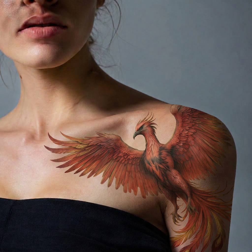 The Custom Phoenix across the shoulder and collarbone