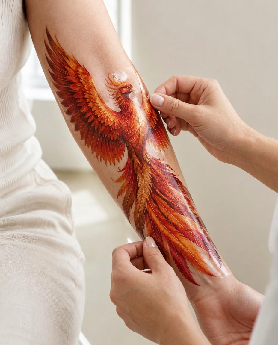 Visualisation de concept: A professional applying a large phoenix ephemeral tattoo onto a client's forearm