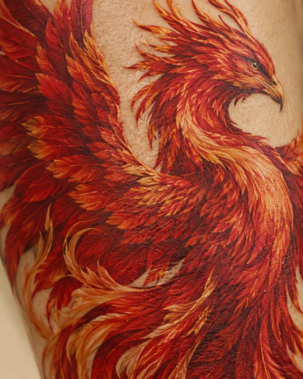 Visualisation de concept: Close detail of the red and gold phoenix tattoo on skin